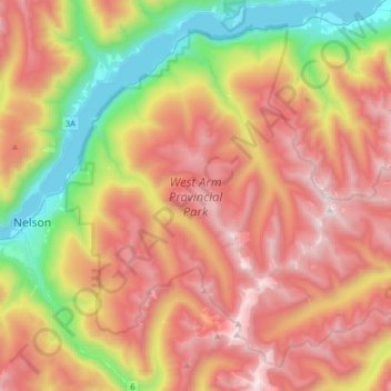 Topografische Karte West Arm Provincial Park, Höhe, Relief