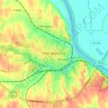 Topografische Karte Nebraska City, Höhe, Relief