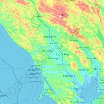 Topografische Karte Sonoma County, Höhe, Relief