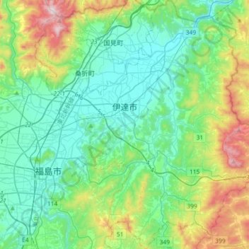 Topografische Karte 伊達市, Höhe, Relief