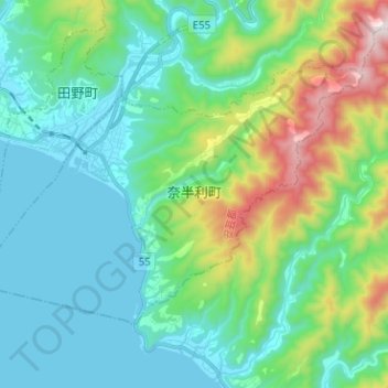 Topografische Karte 奈半利町, Höhe, Relief