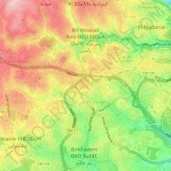 Topografische Karte Bir Mourad Rais, Höhe, Relief