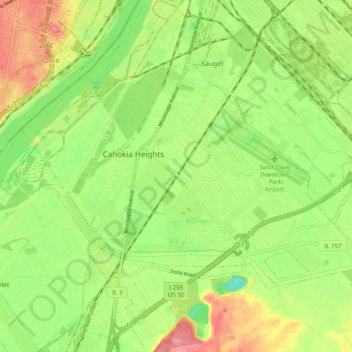 Topografische Karte Cahokia, Höhe, Relief
