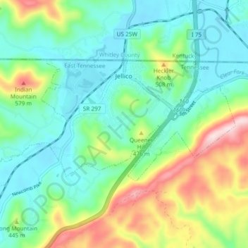 Topografische Karte Jellico, Höhe, Relief