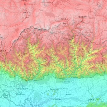 Topografische Karte Bhutan, Höhe, Relief