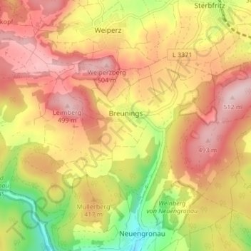 Topografische Karte Breunings, Höhe, Relief