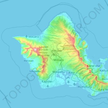 Topografische Karte Oahu, Höhe, Relief