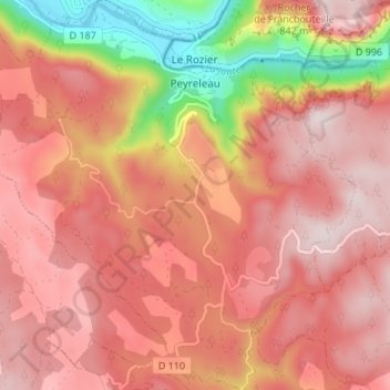Topografische Karte Peyreleau, Höhe, Relief
