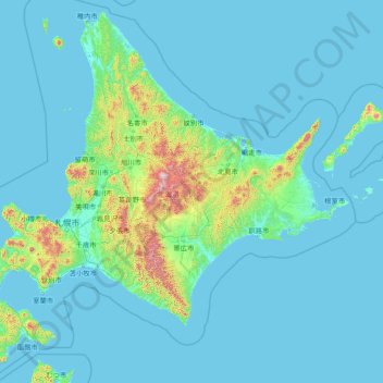 Topografische Karte Hokkaidō, Höhe, Relief
