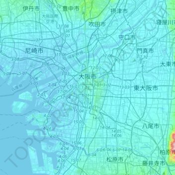 Topografische Karte 大阪市, Höhe, Relief