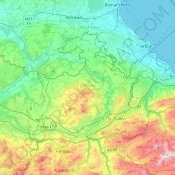 Topografische Karte Wahlkreis St. Gallen, Höhe, Relief