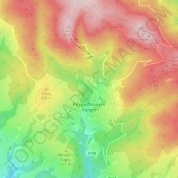 Topografische Karte Říčky v Orlických horách, Höhe, Relief