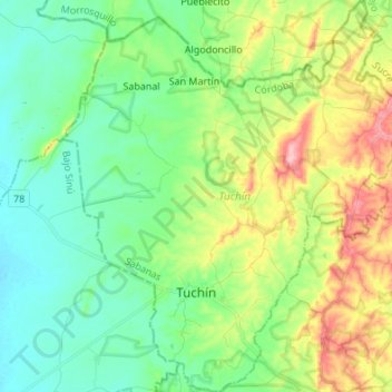 Topografische Karte Tuchín, Höhe, Relief