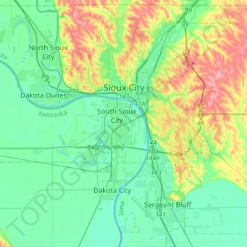 Topografische Karte Sioux City, Höhe, Relief