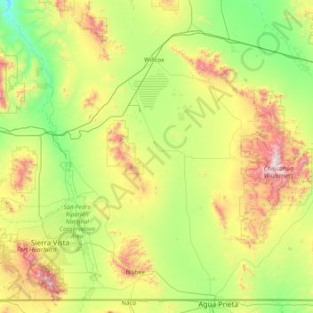 Topografische Karte Cochise County, Höhe, Relief