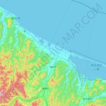 Topografische Karte 湧別町, Höhe, Relief