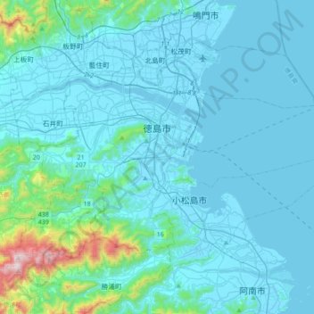 Topografische Karte Tokushima, Höhe, Relief