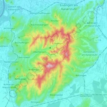 Topografische Karte Kaiserstuhl, Höhe, Relief