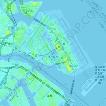 Topografische Karte Tokyo International Airport, Höhe, Relief