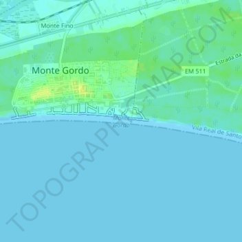 Topografische Karte Praia de Monte Gordo, Höhe, Relief