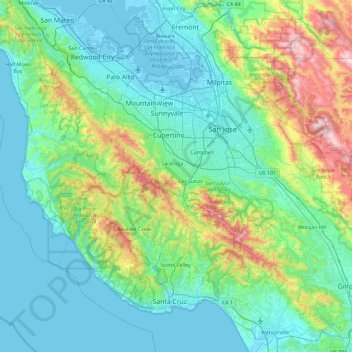 Topografische Karte Santa Cruz Mountains, Höhe, Relief
