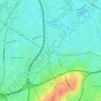 Topografische Karte Camberwell Green, Höhe, Relief