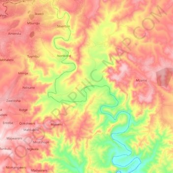 Topografische Karte Mtata River, Höhe, Relief
