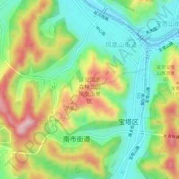 Topografische Karte 延安国家森林公园凤凰山景区, Höhe, Relief