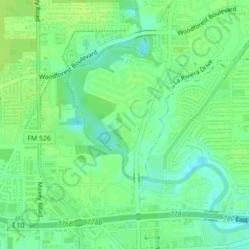 Topografische Karte Greens Bayou, Höhe, Relief
