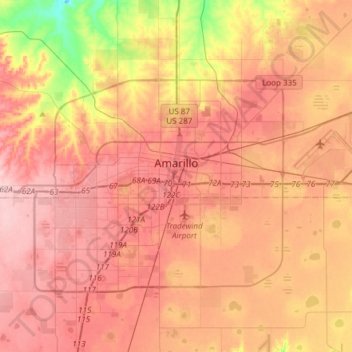 Topografische Karte Amarillo, Höhe, Relief