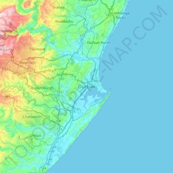 Topografische Karte Durban, Höhe, Relief