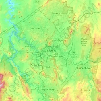Topografische Karte Canberra, Höhe, Relief