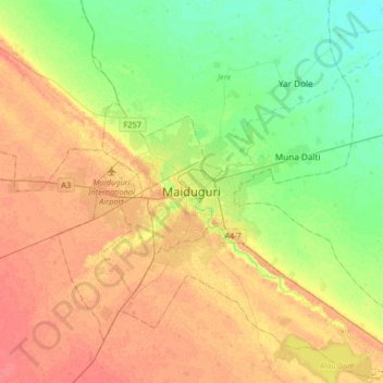 Topografische Karte Maiduguri, Höhe, Relief