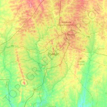 Topografische Karte Ibadan, Höhe, Relief
