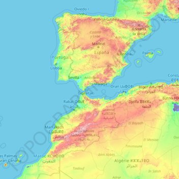 Topografische Karte Spanien, Höhe, Relief