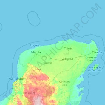 Topografische Karte Yucatán, Höhe, Relief