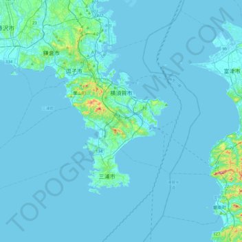 Topografische Karte 横須賀市, Höhe, Relief